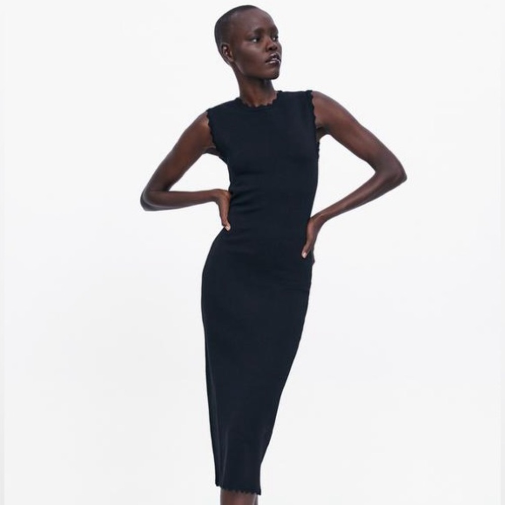 Zara Scalloped Knit Sleeveless Bodycon Midi Dress